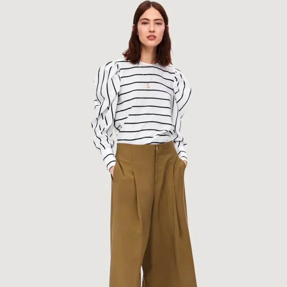 Zara Striped Puff Sleeve Blouse White Black Size Medium Cotton Blend Top